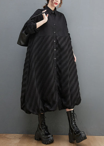 Fashion Black Peter Pan Collar Striped Patchwork Button Long Shirts Dresses Long Sleeve