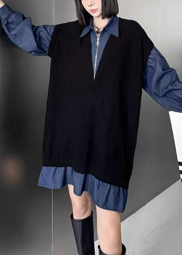 Fashion Black Peter Pan Collar Zippered Patchwork Denim Dresses Spring