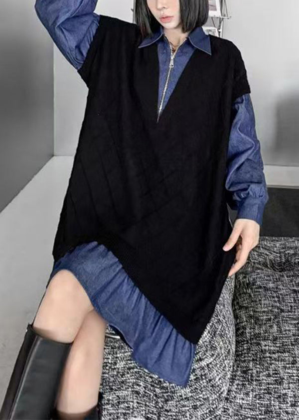 Fashion Black Peter Pan Collar Zippered Patchwork Denim Dresses Spring