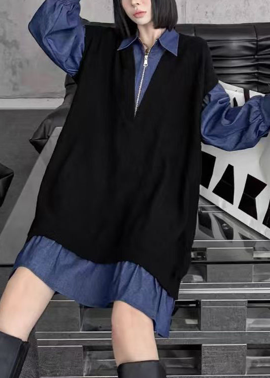 Fashion Black Peter Pan Collar Zippered Patchwork Denim Dresses Spring