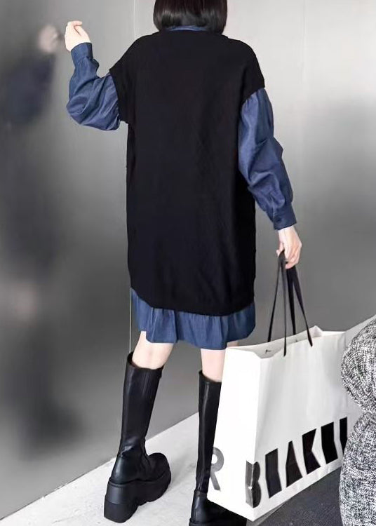 Fashion Black Peter Pan Collar Zippered Patchwork Denim Dresses Spring