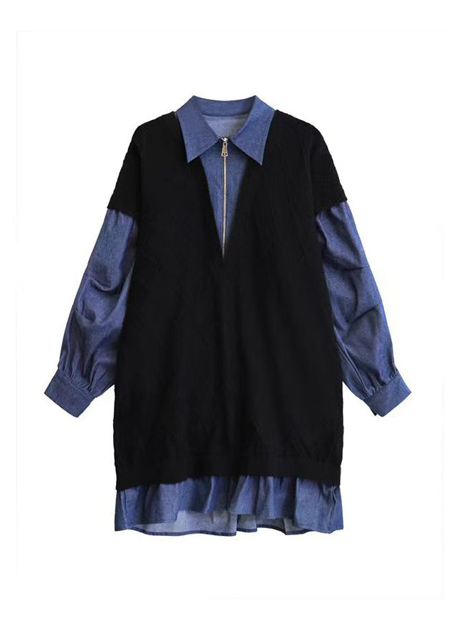 Fashion Black Peter Pan Collar Zippered Patchwork Denim Dresses Spring