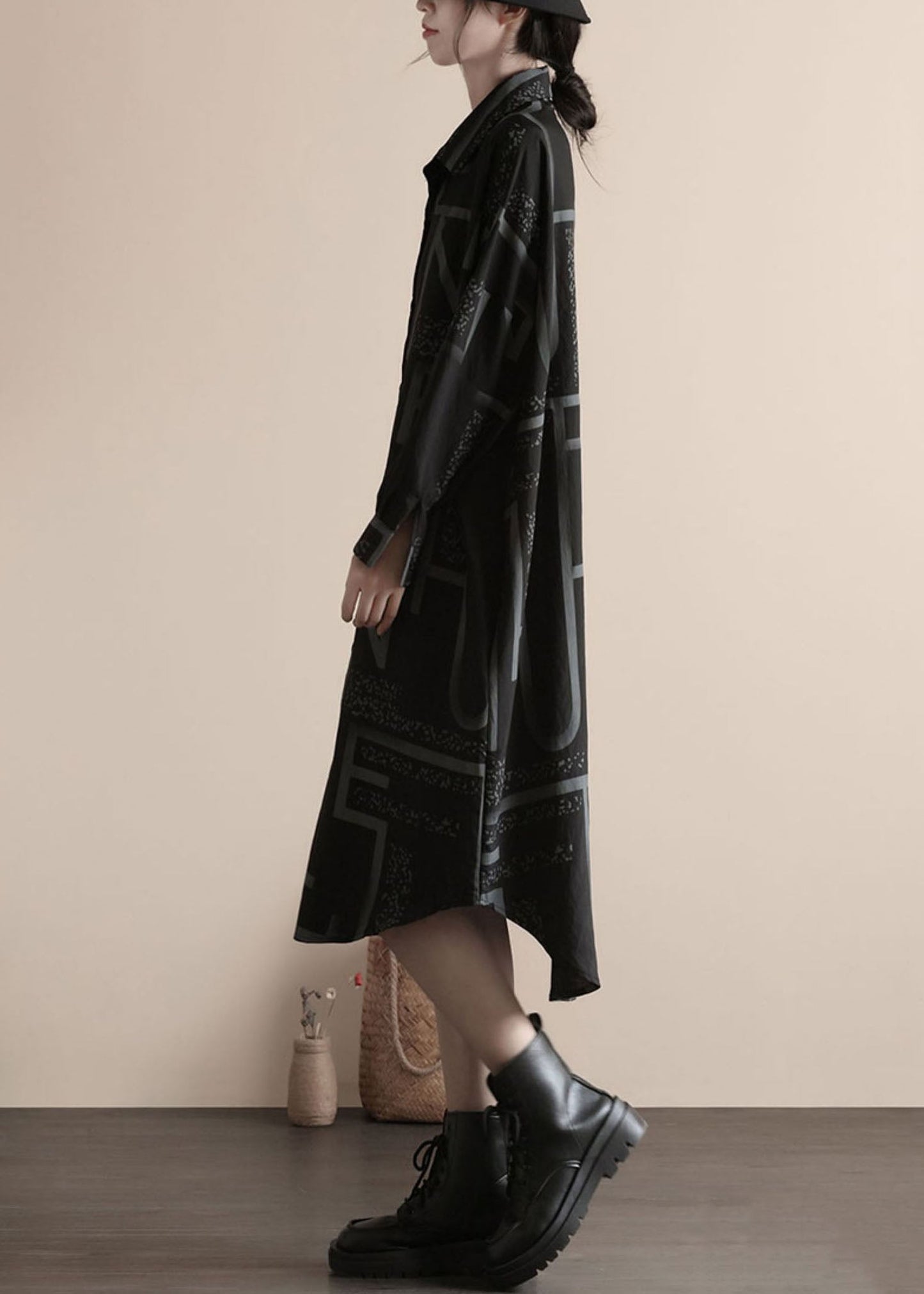 Fashion Black Print Button Patchwork Linen Shirts Dress Spring