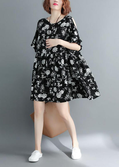 Fashion Black Print Cold Shoulder Cinched holiday Dress Short Sleeve