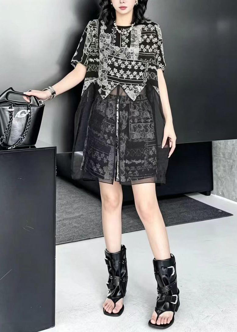 Fashion Black Print Patchwork Mesh Slit Top And Shorts Two Pieces Set Fall