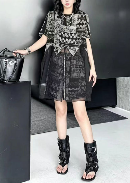 Fashion Black Print Patchwork Mesh Slit Top And Shorts Two Pieces Set Fall