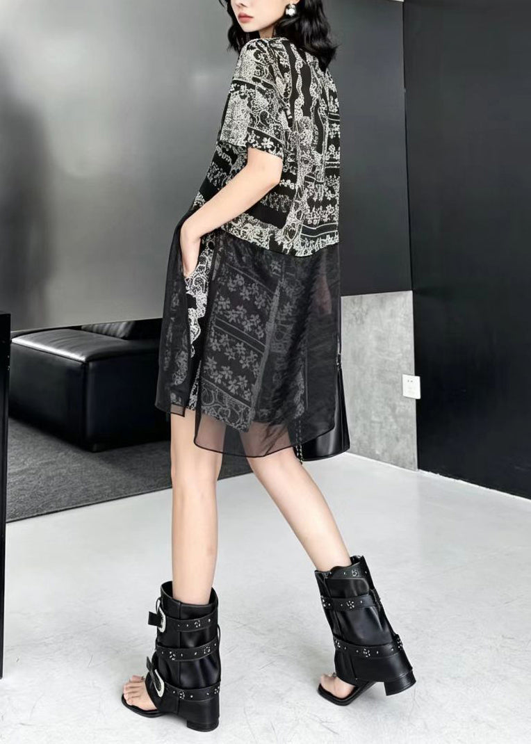 Fashion Black Print Patchwork Mesh Slit Top And Shorts Two Pieces Set Fall