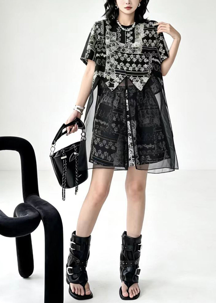 Fashion Black Print Patchwork Mesh Slit Top And Shorts Two Pieces Set Fall