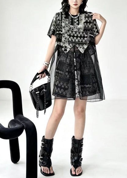Fashion Black Print Patchwork Mesh Slit Top And Shorts Two Pieces Set Fall