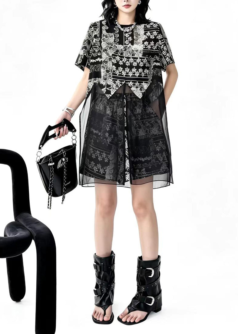 Fashion Black Print Patchwork Mesh Slit Top And Shorts Two Pieces Set Fall