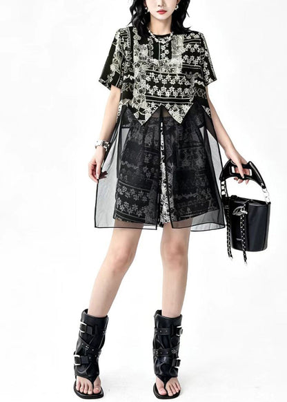 Fashion Black Print Patchwork Mesh Slit Top And Shorts Two Pieces Set Fall