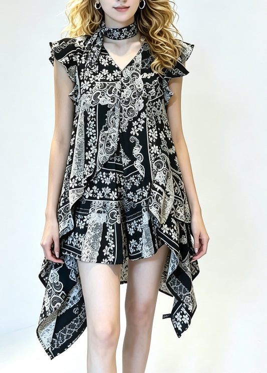 Fashion Black Print Ruffled Top And Shorts Two-Piece Set Summer