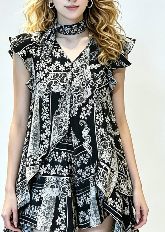 Fashion Black Print Ruffled Top And Shorts Two-Piece Set Summer