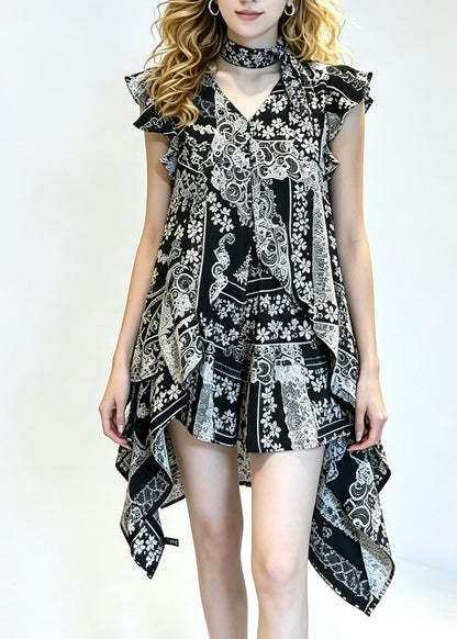 Fashion Black Print Ruffled Top And Shorts Two-Piece Set Summer