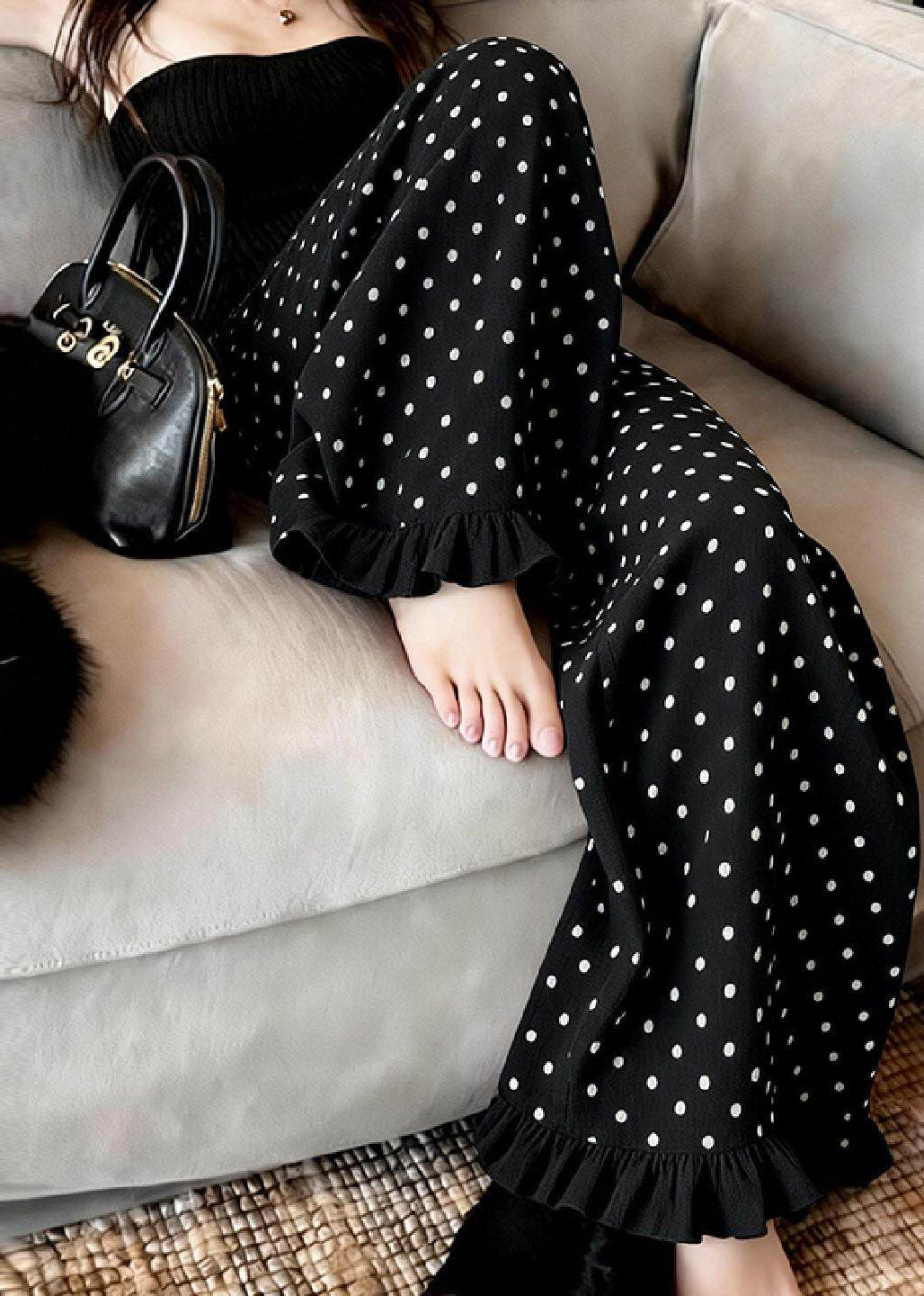 Fashion Black Ruffled Dot Print Wide Leg Pants Summer
