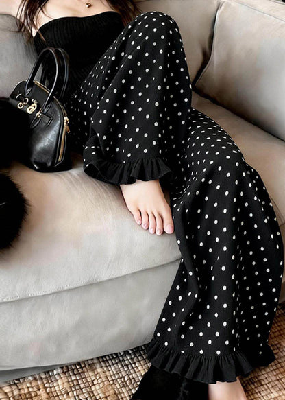 Fashion Black Ruffled Dot Print Wide Leg Pants Summer
