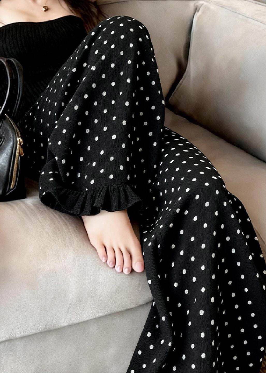 Fashion Black Ruffled Dot Print Wide Leg Pants Summer