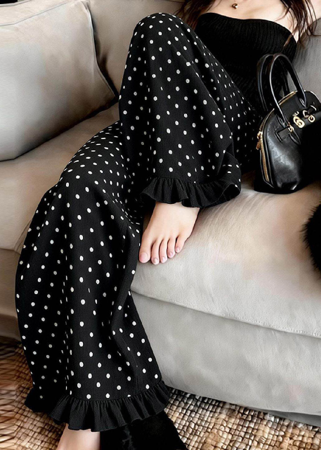 Fashion Black Ruffled Dot Print Wide Leg Pants Summer
