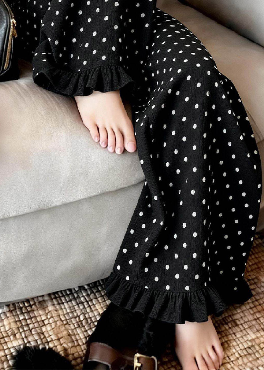 Fashion Black Ruffled Dot Print Wide Leg Pants Summer