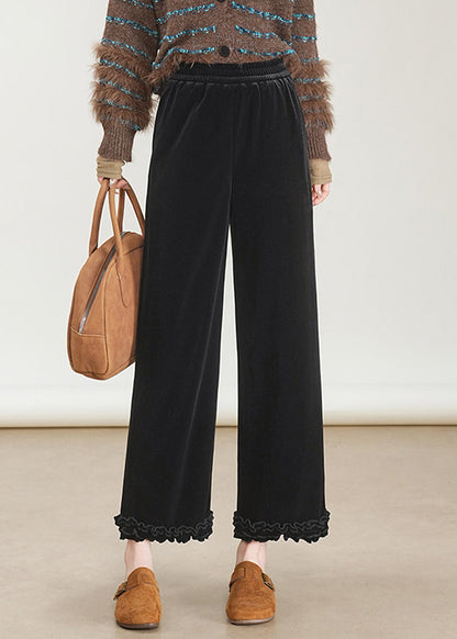 Fashion Black Ruffled Elastic Waist Velour Wide Leg Crop Pants Fall