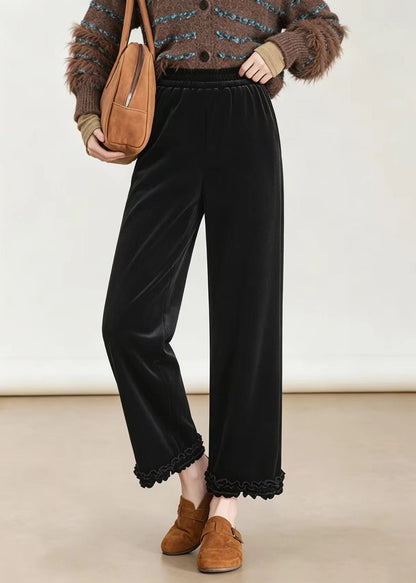 Fashion Black Ruffled Elastic Waist Velour Wide Leg Crop Pants Fall