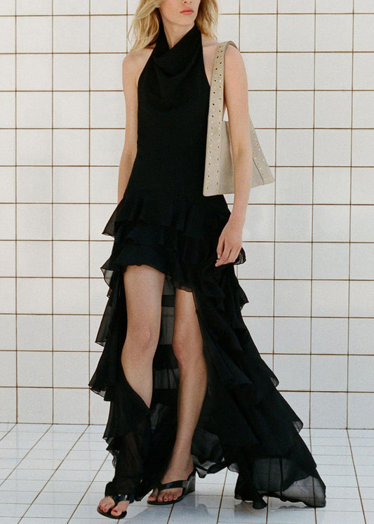 Fashion Black Ruffled Low High Design Chiffon Dresses Sleeveless