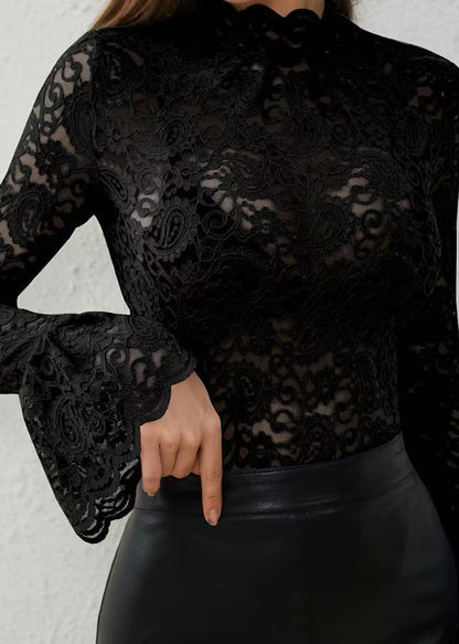 Fashion Black Sheer Lace Top Flare Sleeve
