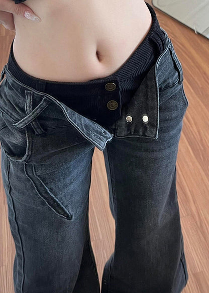 Fashion Black Silm Fit Denim Flare Bottoms Pants Trousers Spring