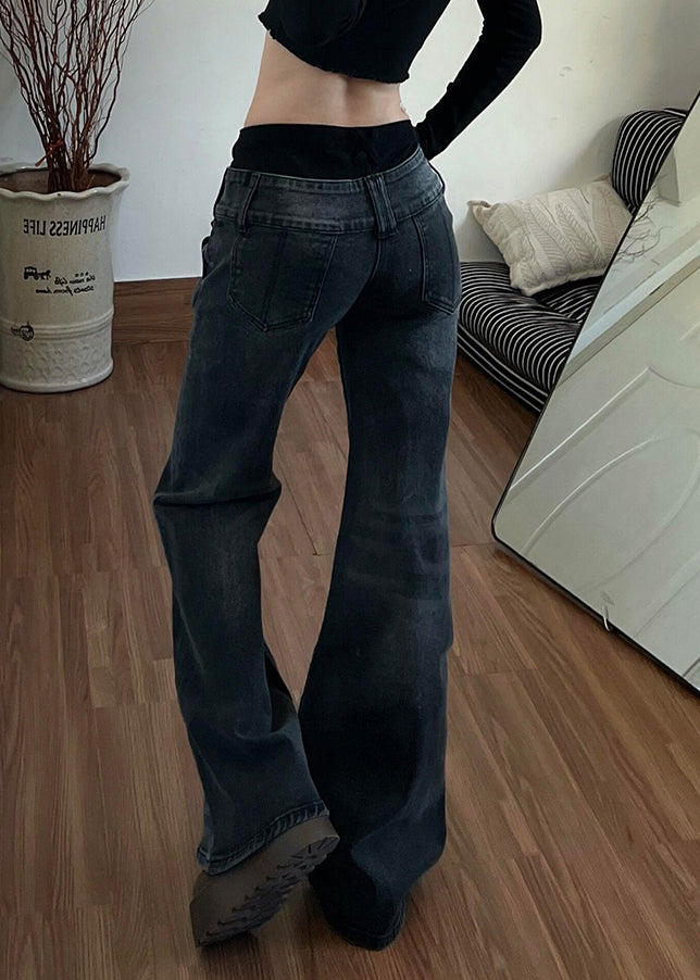 Fashion Black Silm Fit Denim Flare Bottoms Pants Trousers Spring