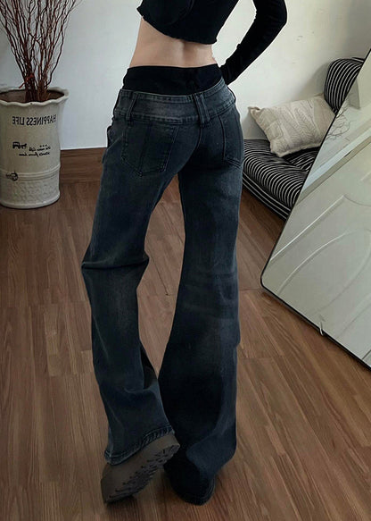 Fashion Black Silm Fit Denim Flare Bottoms Pants Trousers Spring