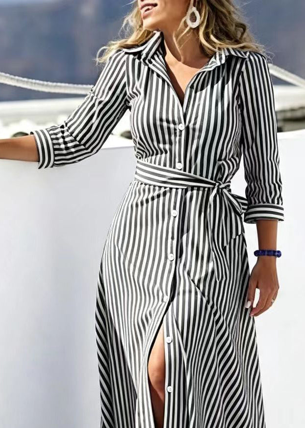 Fashion Black Striped Peter Pan Collar Tie Waist  Long Dresses Bracelet Sleeve
