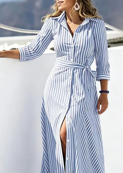 Fashion Black Striped Peter Pan Collar Tie Waist  Long Dresses Bracelet Sleeve