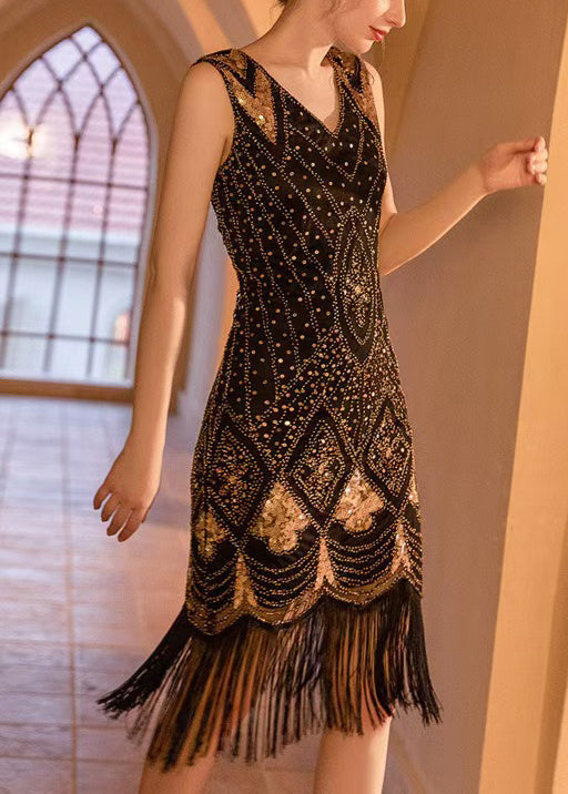 Fashion Black Tasseled Lace Mini Dress Sleeveless