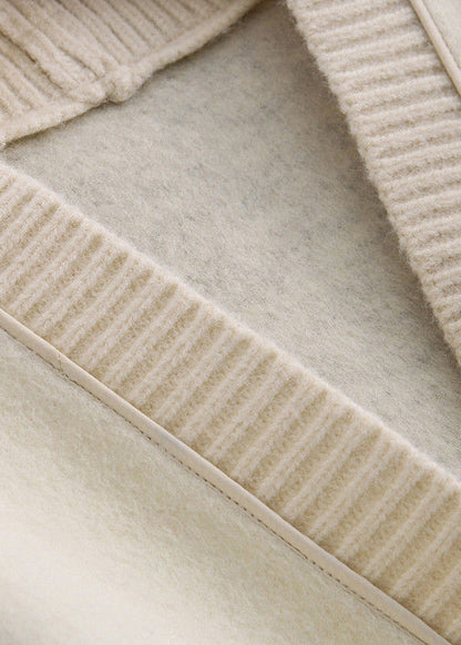 Fashion Black V Neck Button Knit Patchwork Woolen Coats Long Sleeve