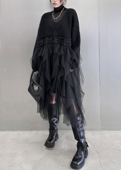 Fashion Black V Neck Button Tulle Patchwork Knit Dress