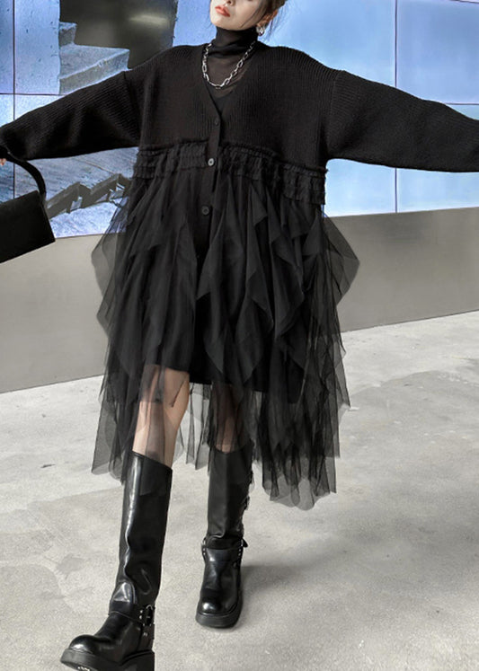 Fashion Black V Neck Button Tulle Patchwork Knit Dress