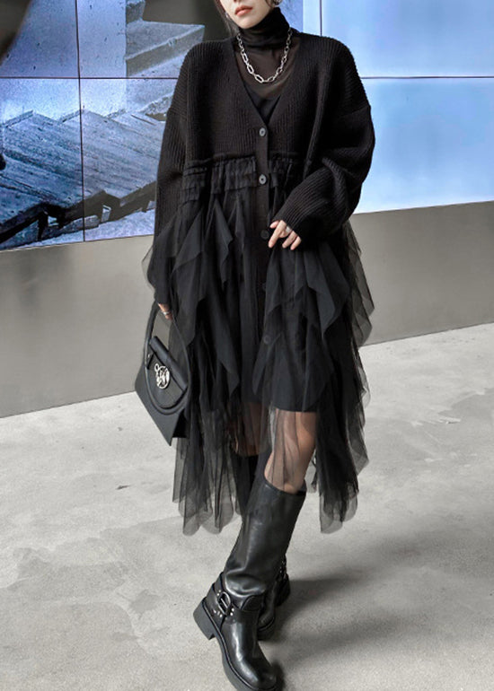 Fashion Black V Neck Button Tulle Patchwork Knit Dress