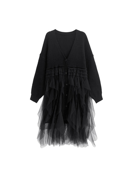 Fashion Black V Neck Button Tulle Patchwork Knit Dress