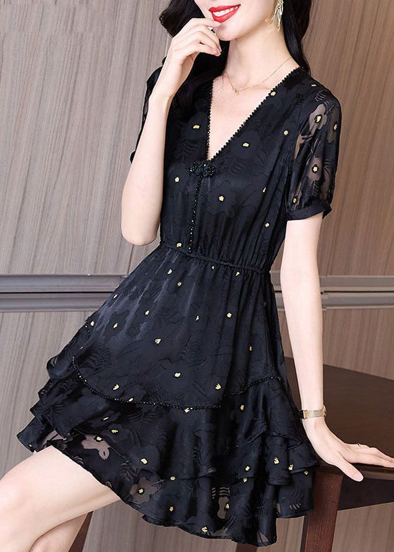 Fashion Black V Neck Cinched Patchwork Tulle Mid Dress Summer