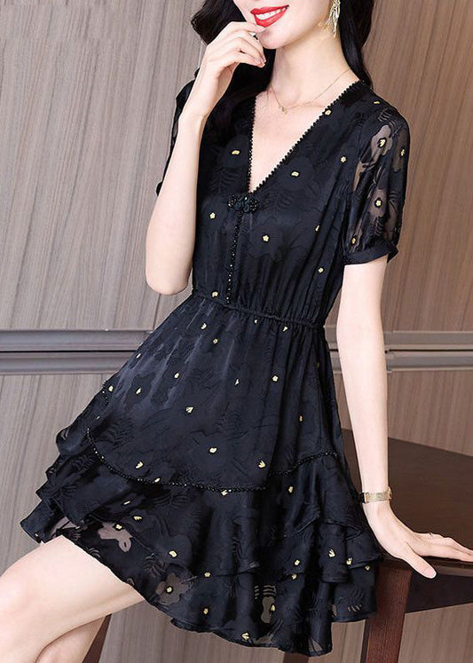 Fashion Black V Neck Cinched Patchwork Tulle Mid Dress Summer