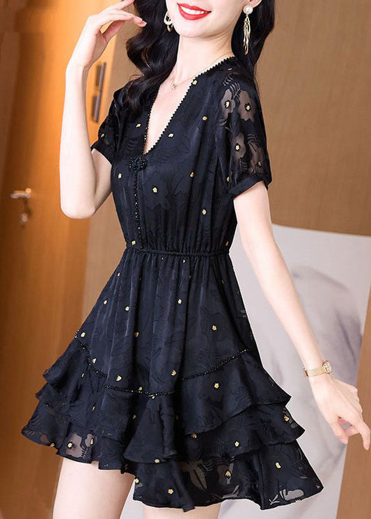 Fashion Black V Neck Cinched Patchwork Tulle Mid Dress Summer