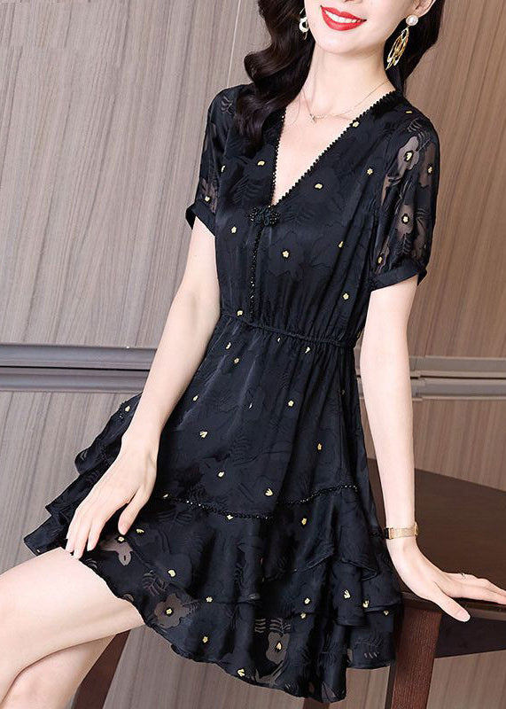 Fashion Black V Neck Cinched Patchwork Tulle Mid Dress Summer