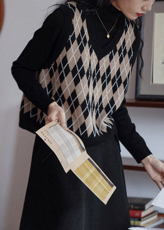 Fashion Black V Neck Geometric Print Knit Vest Sleeveless