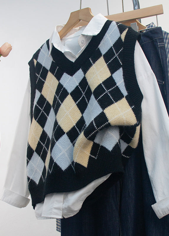 Fashion Black V Neck Geometric Print Knit Vest Sleeveless
