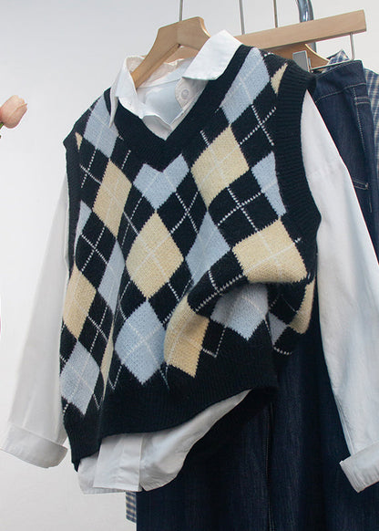 Fashion Black V Neck Geometric Print Knit Vest Sleeveless