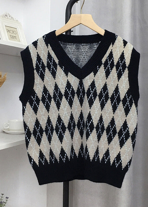 Fashion Black V Neck Geometric Print Knit Vest Sleeveless