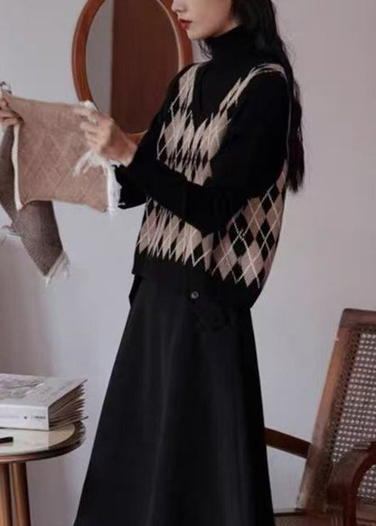 Fashion Black V Neck Geometric Print Knit Vest Sleeveless