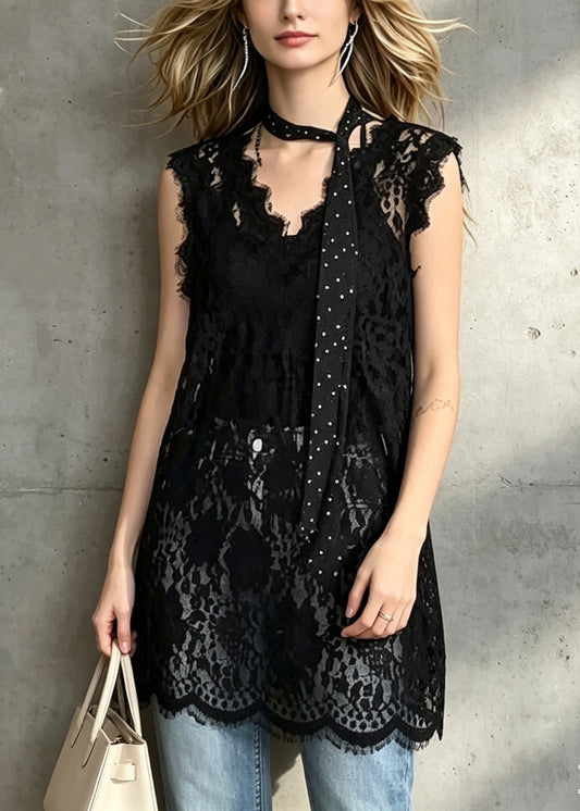 Fashion Black V Neck Hollow Out Lace Long Top Sleeveless