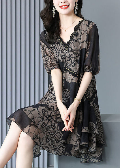 Fashion Black V Neck Print Chiffon Maxi Dress Summer