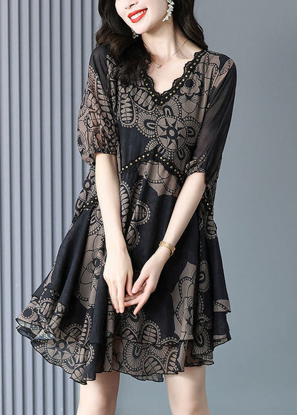 Fashion Black V Neck Print Chiffon Maxi Dress Summer